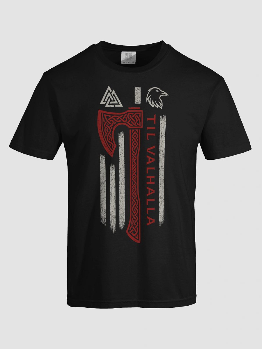 Til Valhalla Viking T-Shirt with Axe, Valknut and Raven – Norse Warrior Memorial Shirt product image (5)