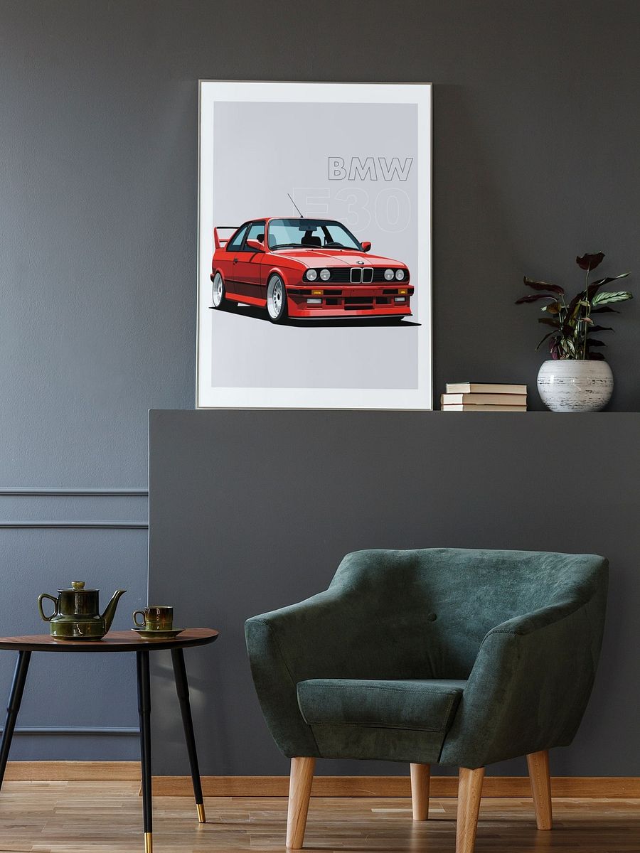 Classic BMW E30 Poster, Vintage Sports Car Illustration, Iconic Red Coupe Print, Retro Automotive Art, German Engineering Enthusiast product image (2)