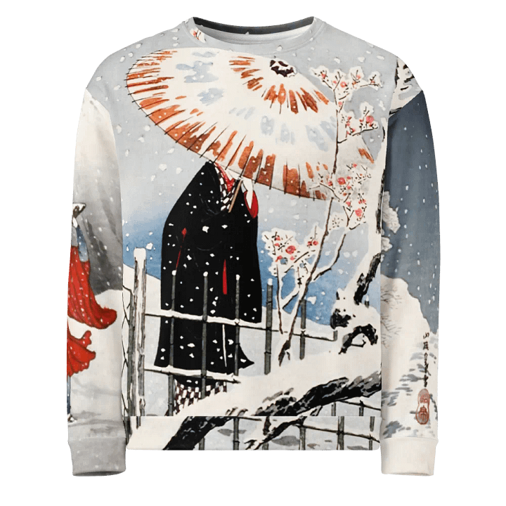 Plum Tree and Snowy Evening All-Over Print Recycled Unisex Sweatshirt product image (1)