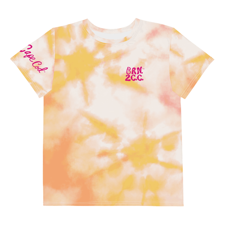🦩YOUTH | Girls’ | BOURNE to Cape Cod™ | Logo Tee – All-Over Print | BRN.2C.C.™ | Coastal Cutie Vibes💖 | Pink Logo on Orange Tie-Dye product image (1)