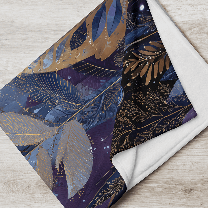 Celestial Forest Throw Blanket | Midnight Blue Gold Feather Fantasy Fleece | Mystical Botanical Home Decor product image (2)