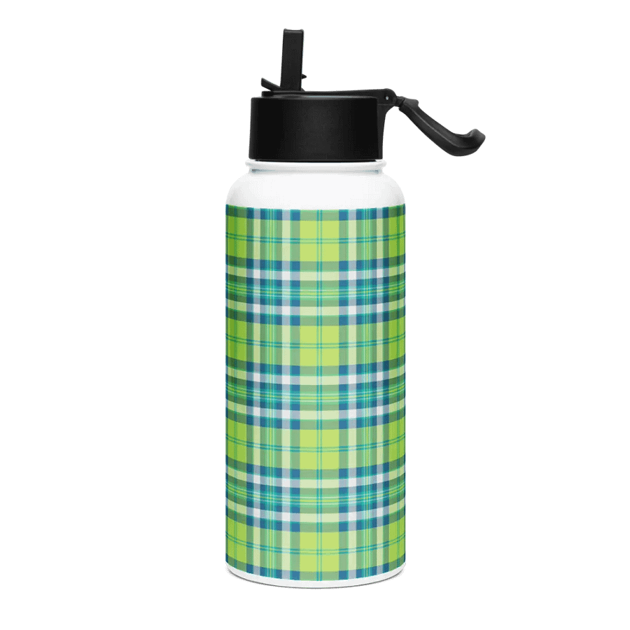 Lime Green and Turquoise Plaid Water Bottle product image (2)