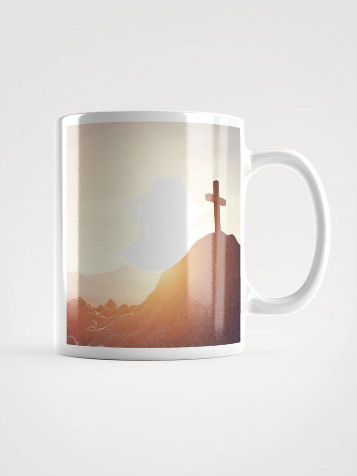 Large cross silhouetted against a dramatic sunset & a cross placed on top of a rocky hill, bathed in the warm glow of a sunrise or sunset Mug product image (1)