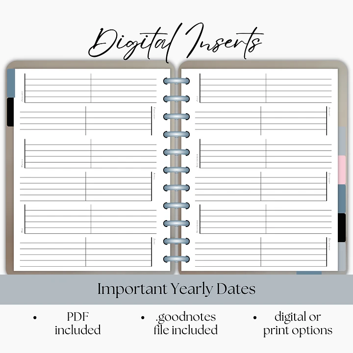 Important Yearly Dates on Two Pages Digital Planner Insert- Portrait Orientation product image (1)
