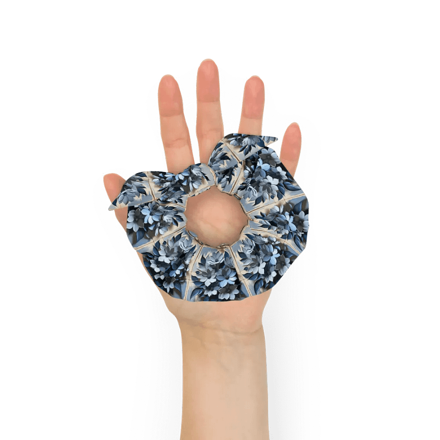 Hair Scrunchie - Painted Floral and Tile Pattern in Shades of Blue product image (6)
