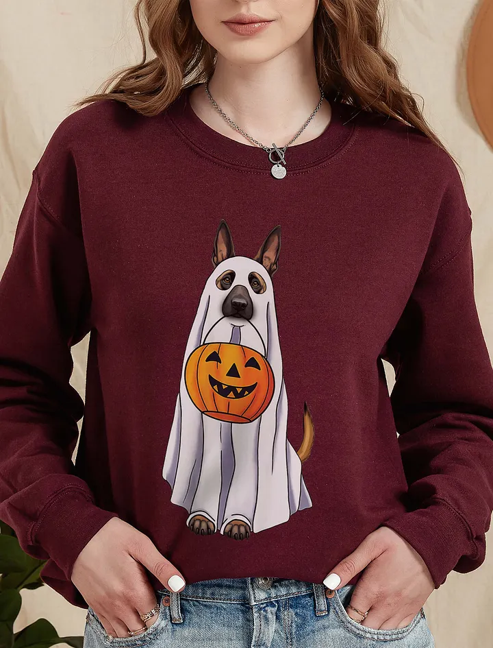 Belgian Malinois Halloween Sweatshirt | Funny Fall and Halloween Malinois Wearing a Ghost Costume with Pumpkin Basket product image (14)