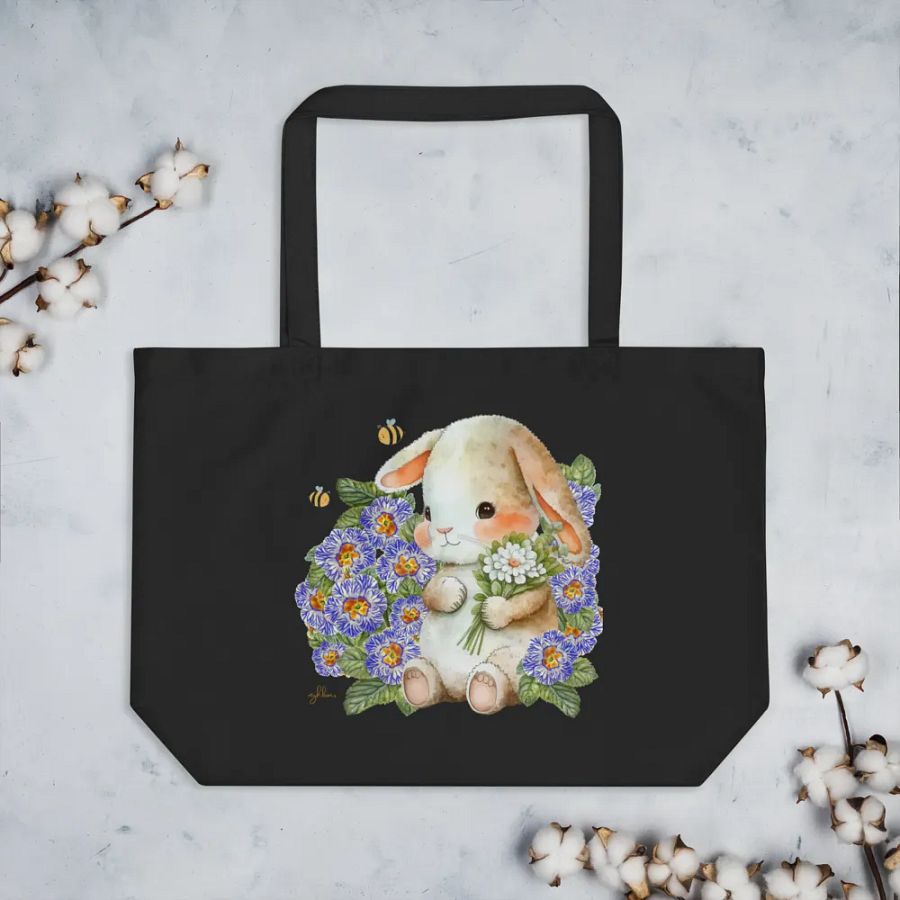 Garden Whispers: Bunny and the Primula Zebra Blues Organic Cotton Tote Bag (Large) - Eco-Friendly, Durable, Stylish product image (4)