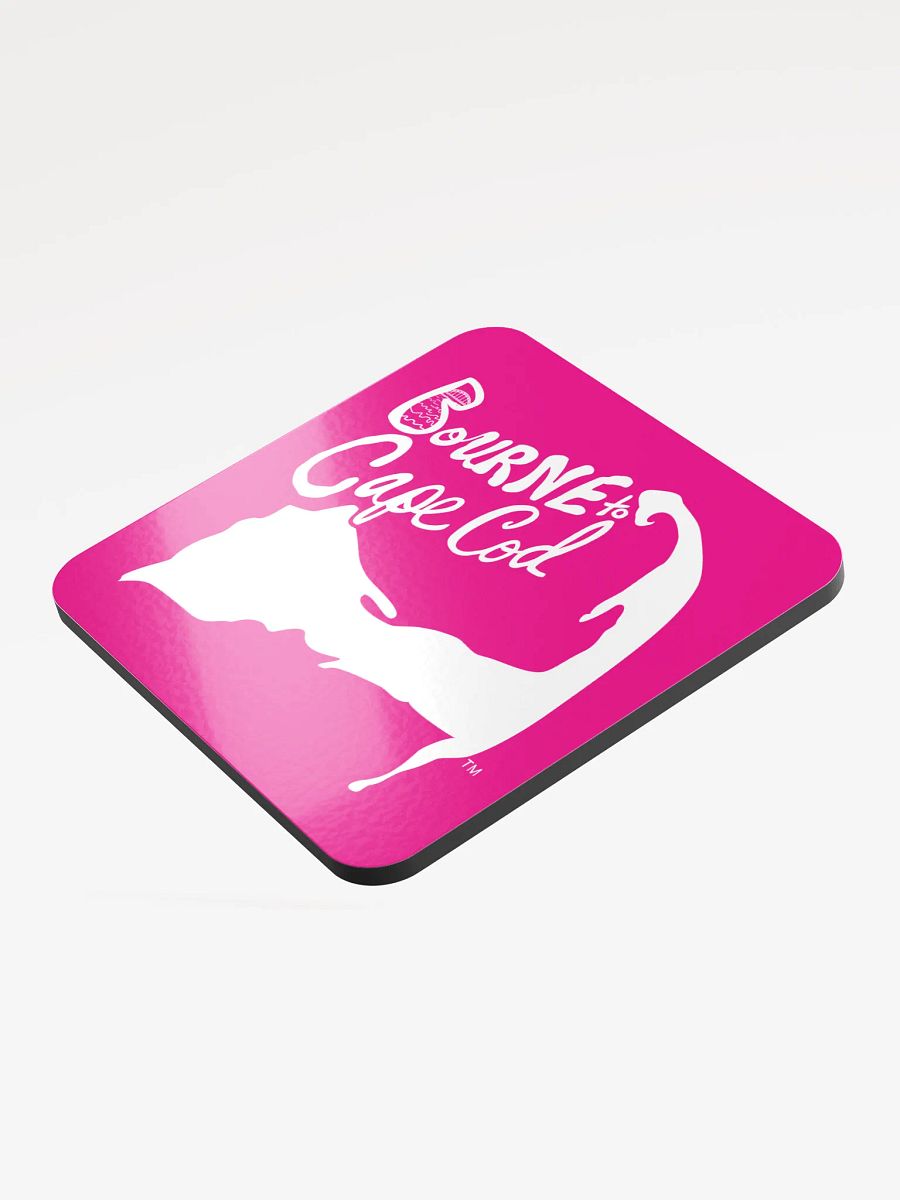 BOURNE to Cape Cod™ | Coastal Coaster | Glossed Cork | Eco-Friendly | Minimalist Coastal Decor | 3.74" Square | White Logo on Vibrant Pink product image (3)