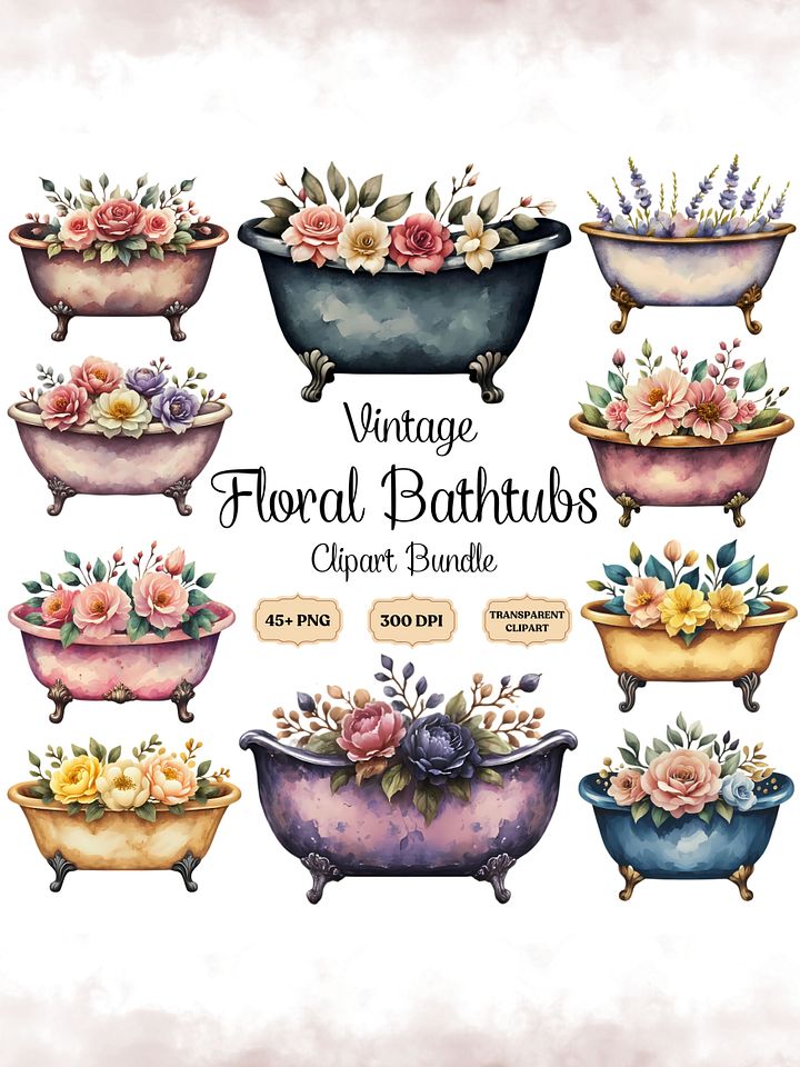 45+ Floral Vintage Bathtubs Clipart Bundle product image (1)