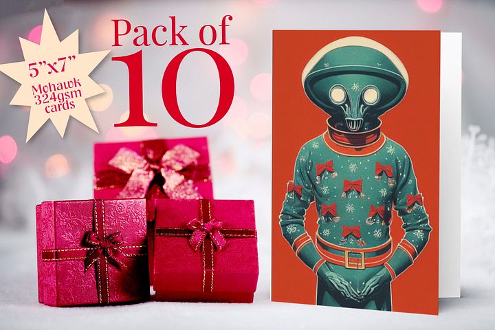 Retro Kitsch Alien Ugly Sweater Christmas Cards Pack of 10 • 5×7 product image (2)
