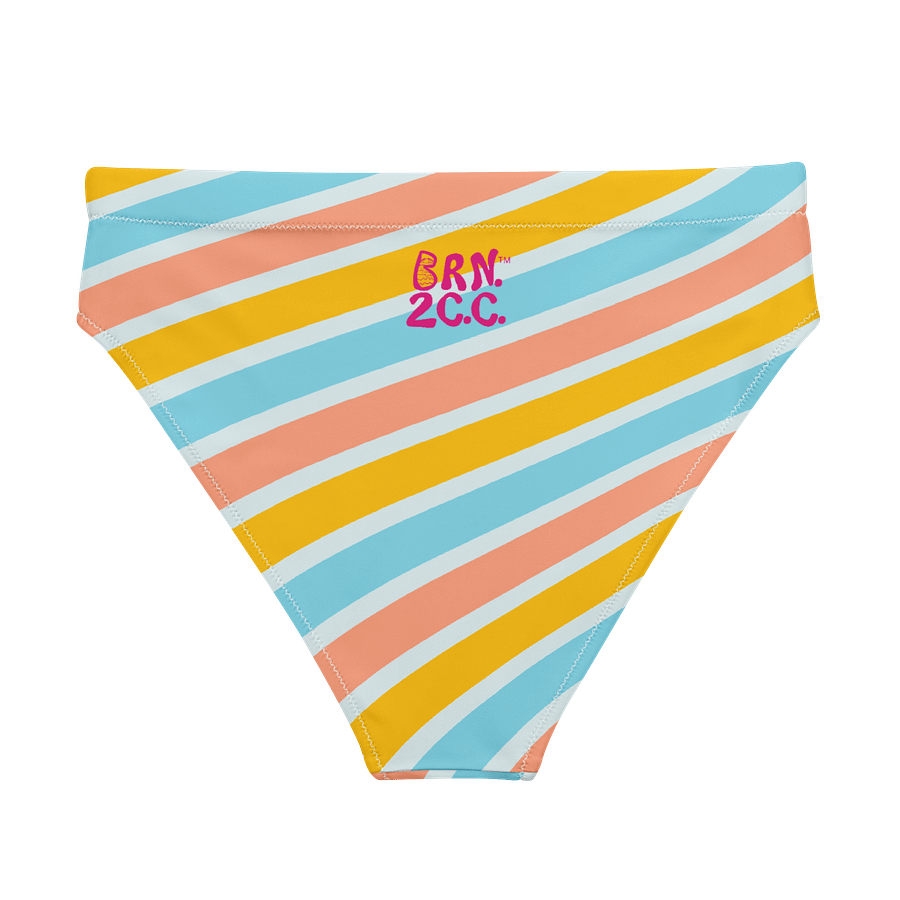 Women’s | Recycled High-Waisted Bikini Bottoms | BOURNE to Cape Cod™ | Pink Logos on Bright Stripes product image (6)