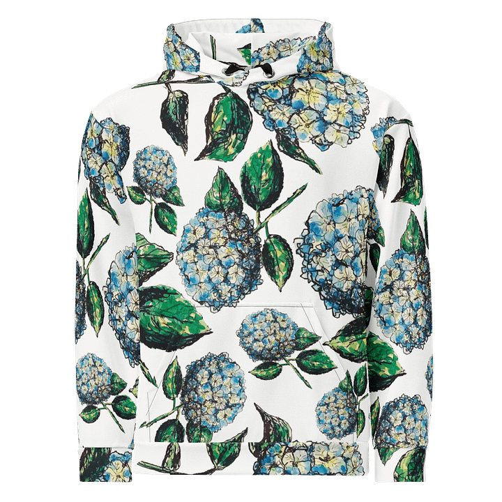 🌸 Coastal Bloom | Hydrangeas Repeat Pattern Hoodie | Monique Faella Designs™ | Unisex Floral Sweatshirt | Artful Botanical Fashion product image (1)