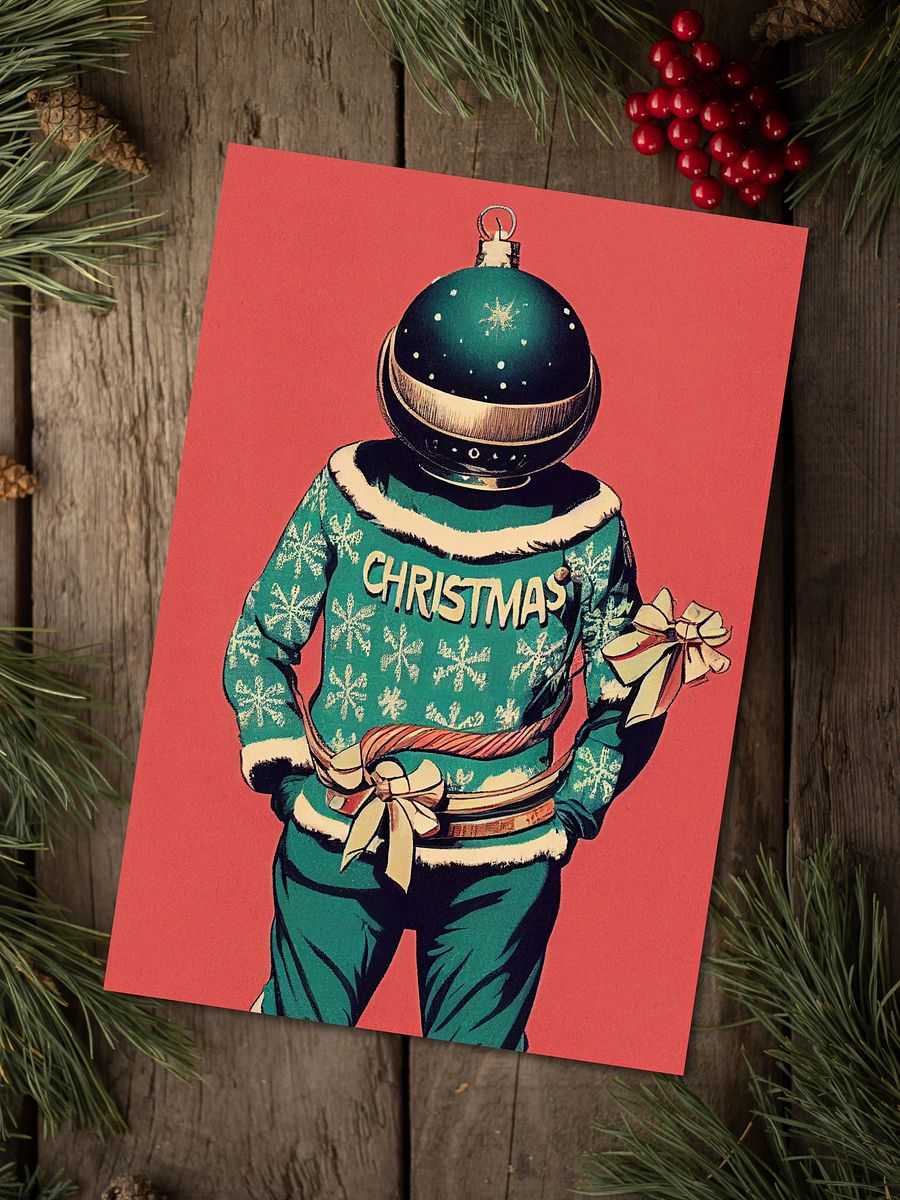 Retro Bauble Spaceman Ugly Sweater Kitsch Christmas Cards Pack of 10 • 5×7 product image (3)
