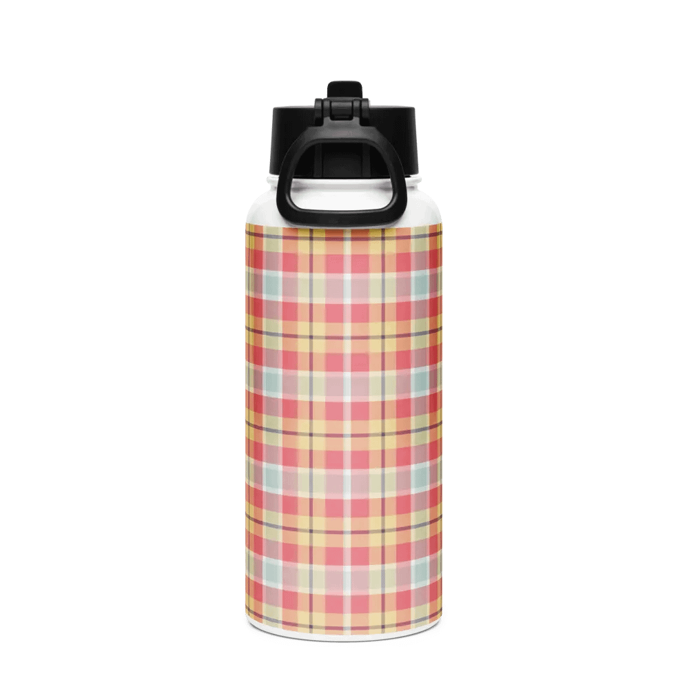 Coral Pink, Yellow, and Mint Plaid Water Bottle product image (3)