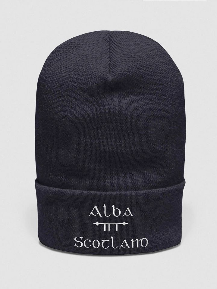 Scotland/Alba Scholastic style Ogham, Navy with white, embroidered Cuffed Beanie product image (1)