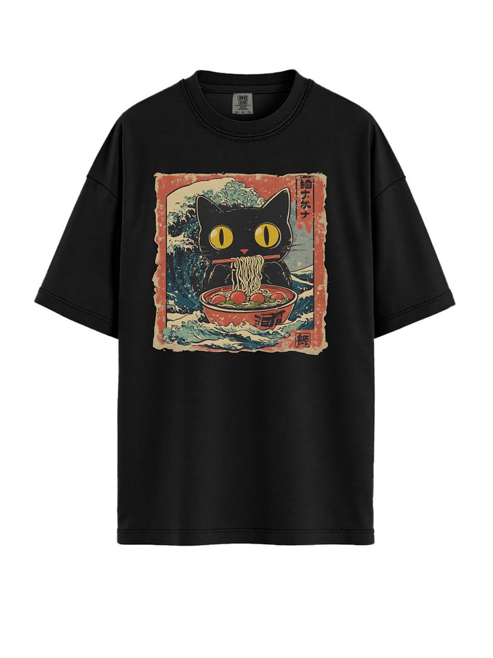 Ramen Eating Black Cat T-Shirt – Japanese Wave Style product image (1)