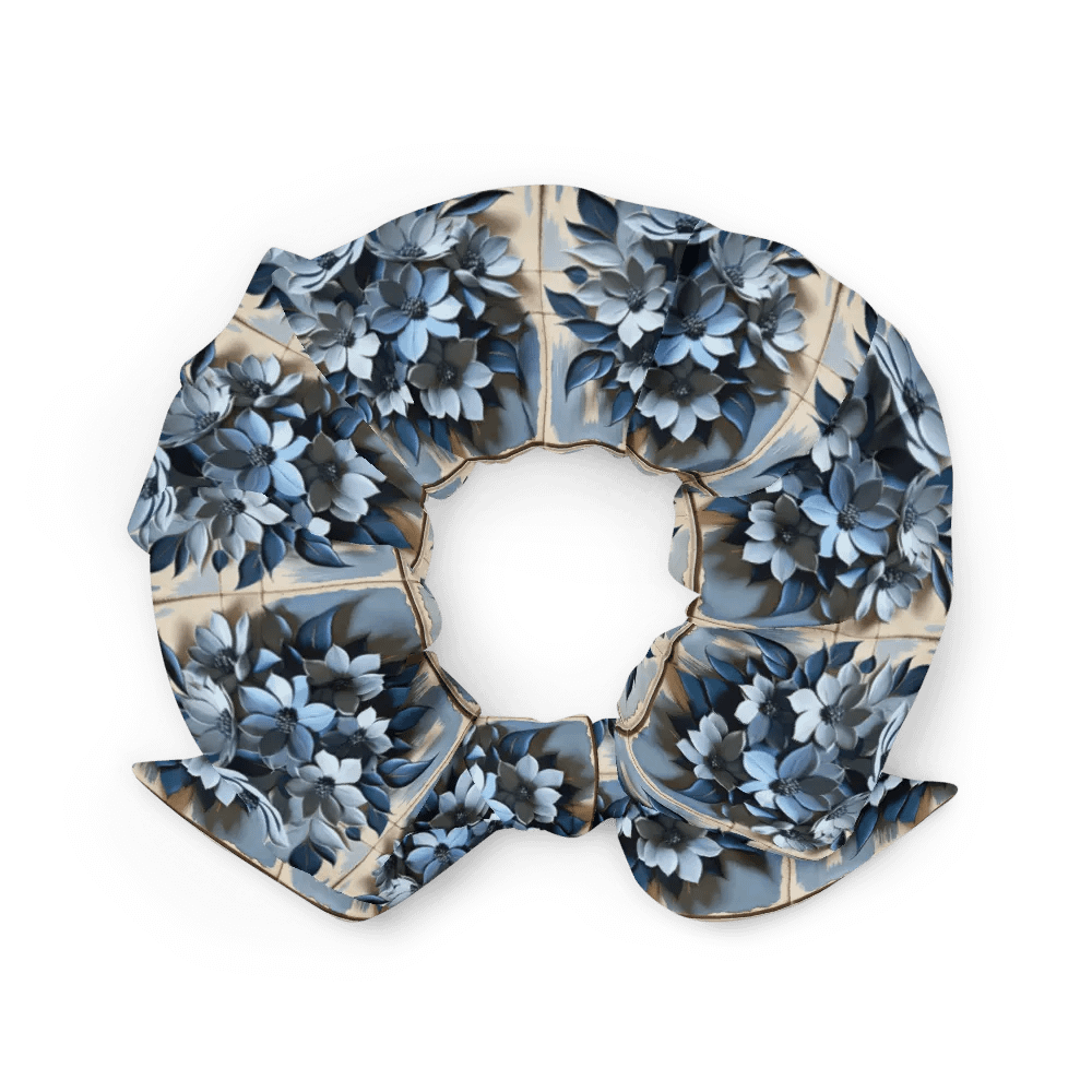 Hair Scrunchie - Painted Floral and Tile Pattern in Shades of Blue product image (3)