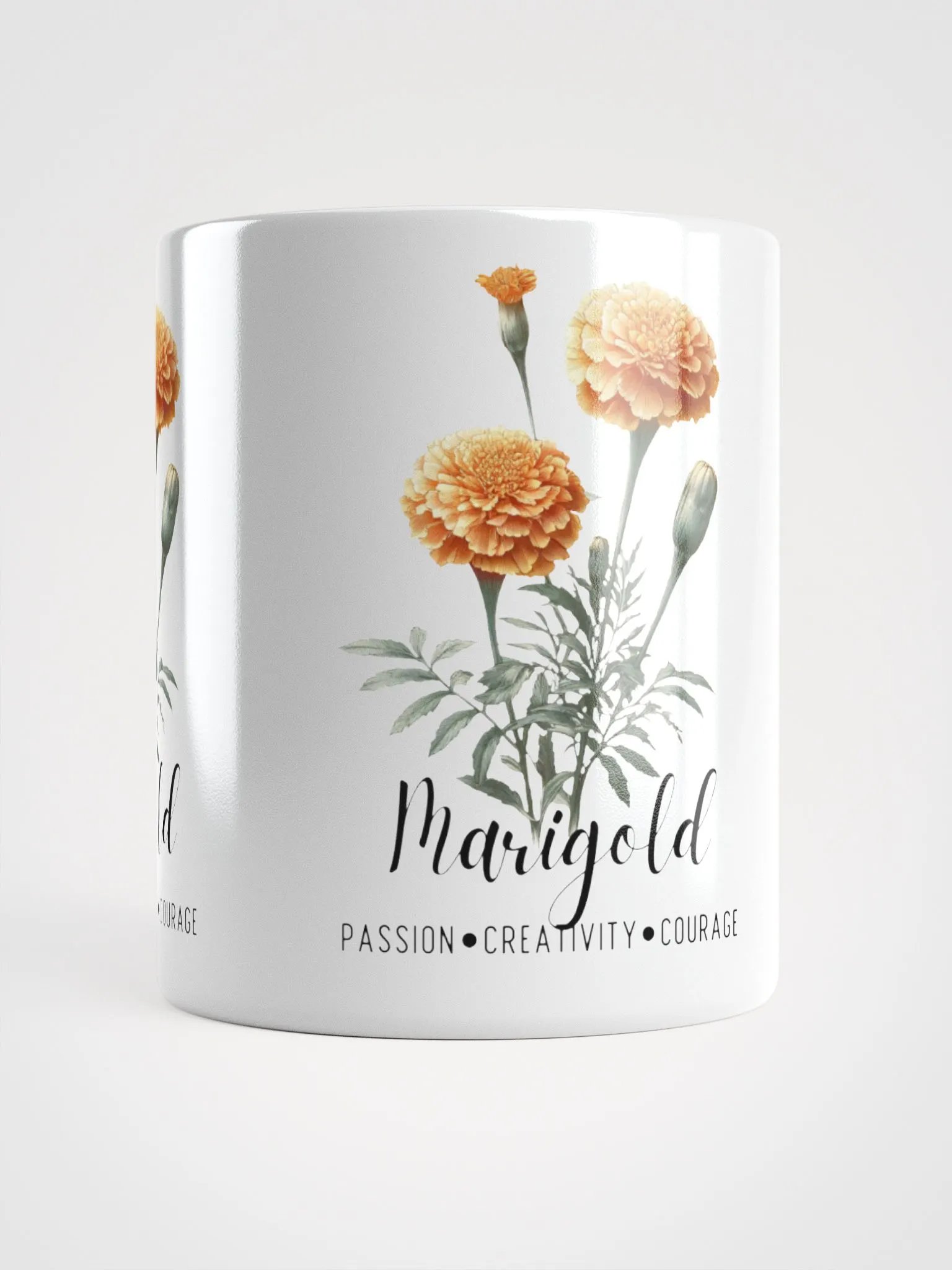 Marigold Ceramic White Mug: Passion, Creativity, Courage October Birth Month Flower product image (7)