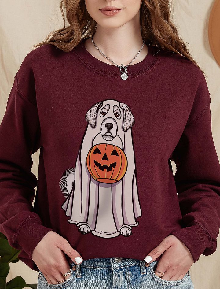 Funny Halloween Great Pyrenees Sweatshirt | Funny Pyr Wearing a Ghost Costume and Holding a Pumpkin Basket product image (10)