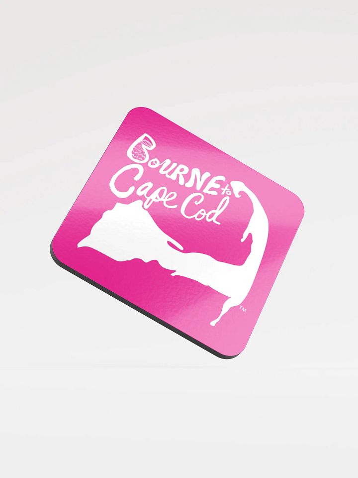 BOURNE to Cape Cod™ | Coastal Coaster | Glossed Cork | Eco-Friendly | Minimalist Coastal Decor | 3.74" Square | White Logo on Vibrant Pink product image (1)