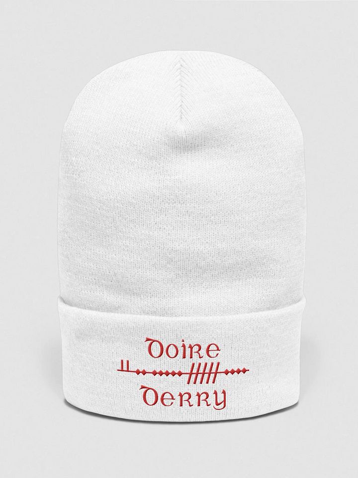 Derry/Doire, Scholastic style Ogham, white with red, embroidered Cuffed Beanie product image (1)