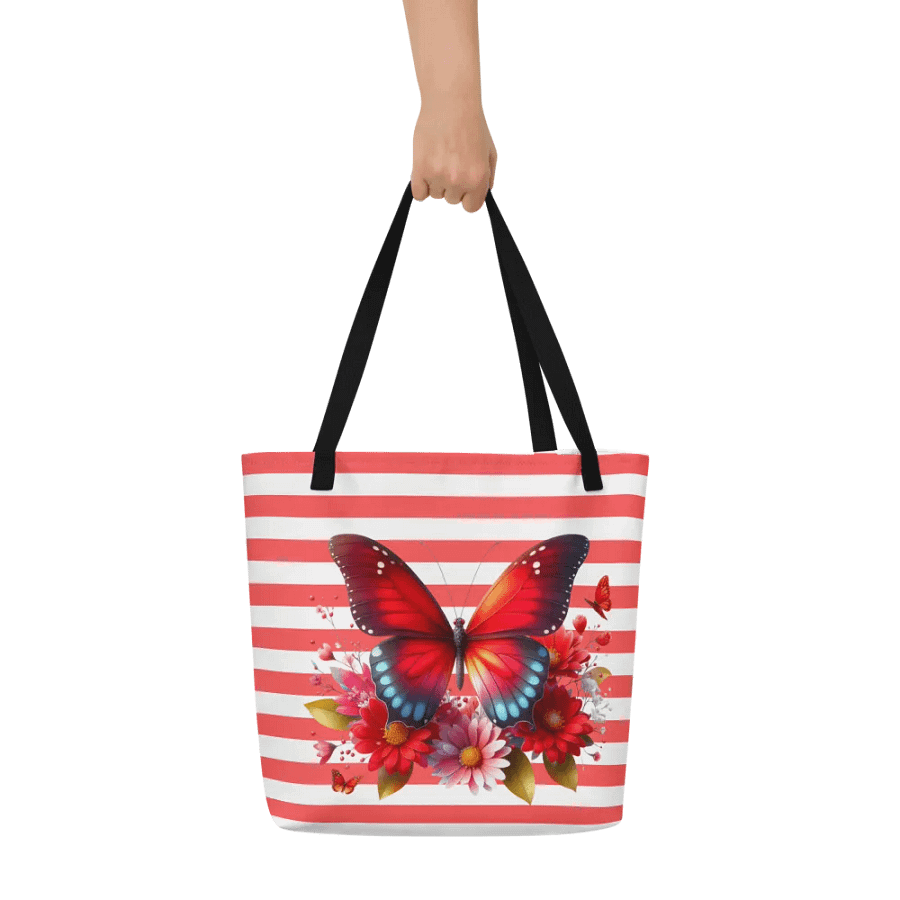 Vibrant Butterfly Paradise Red Stripped Tote Bag product image (1)