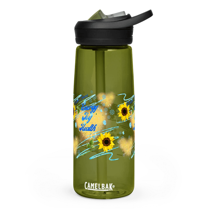 Camelback water bottle   with beautiful sunflowerr blue water drops  featuring ' This water gives Harmony in Body and Mind