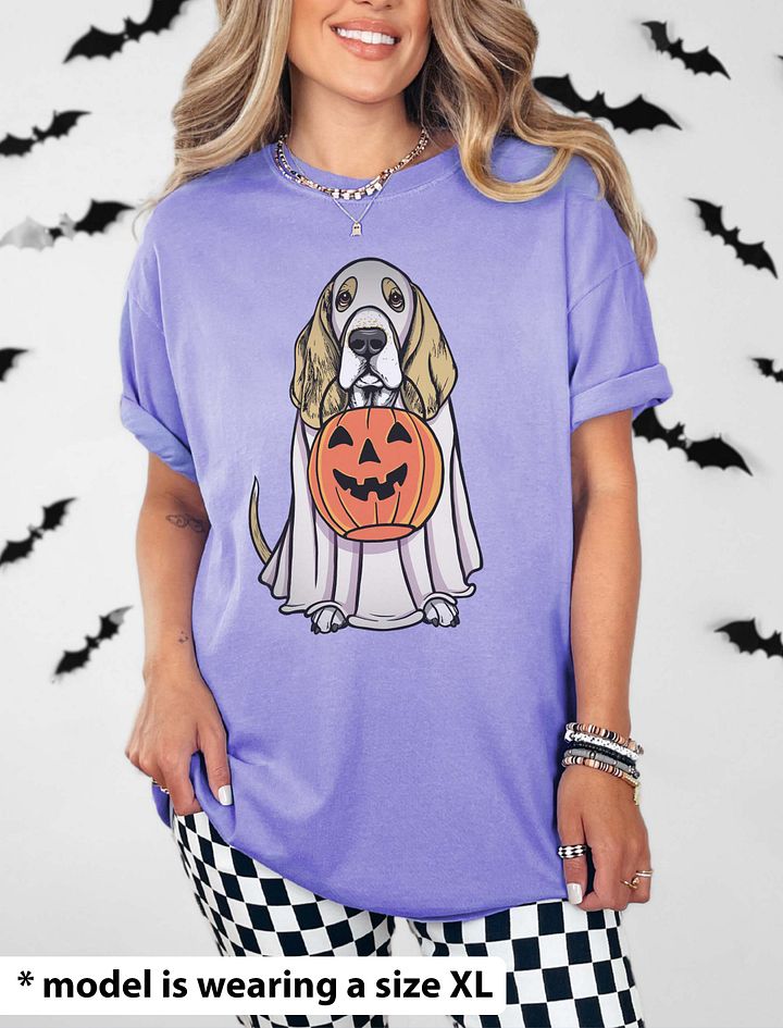 Funny Halloween Basset Hound(Lemon) T-Shirt | Funny Basset Hound Wearing a Ghost Costume and Holding a Pumpkin Basket product image (24)