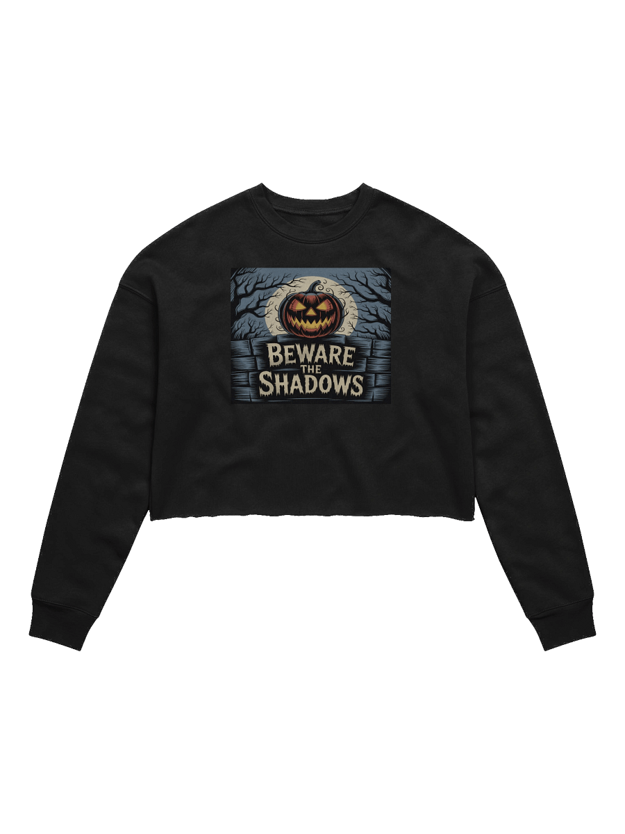 Beware of Shadows Women's Fleece Crop Sweatshirt - Black Gothic Pumpkin Design by Midnight Veil Designs product image (1)