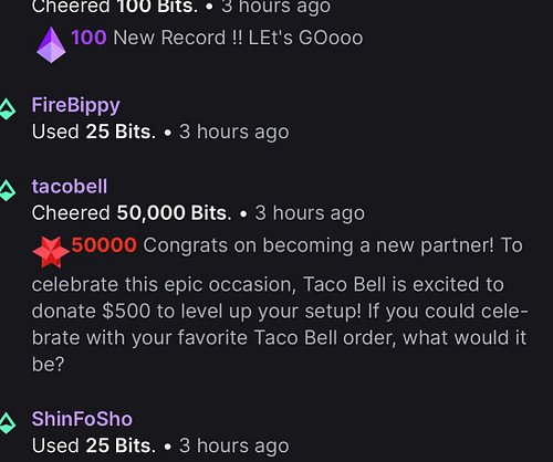 Y’all… when @tacobell drops by your stream and congratulates your new Partner status with a 50k bitty drop 😳💀 you go and get ...