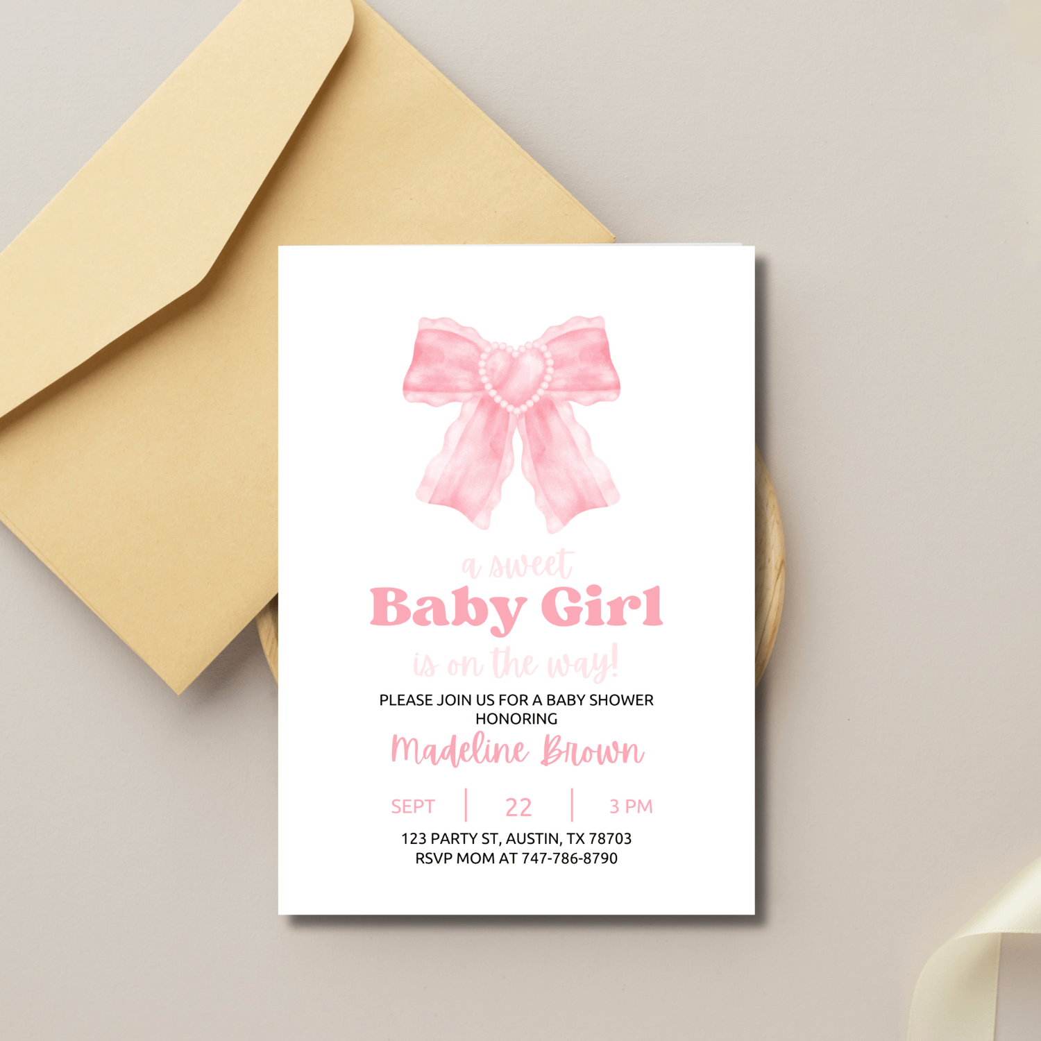 Baby Girl Shower Invitation Template – Canva Editable Ribbon and Lace Invite product image (3)