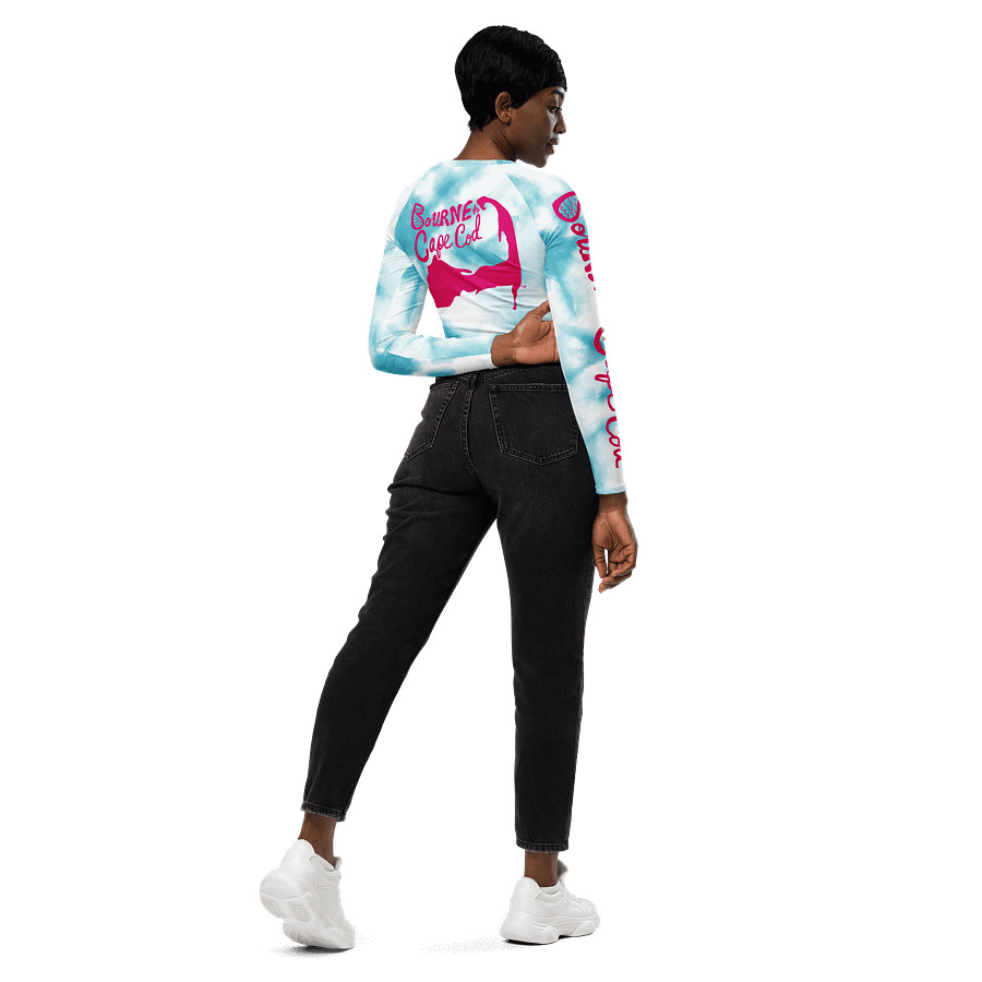 BOURNE to Cape Cod™ Crop Top | BRN.2C.C.™ Coastal Bold | Recycled Long Sleeve Statement Wear 🌊💃☀️ | Vibrant Pink Logos on Blue Tie-Dye product image (6)