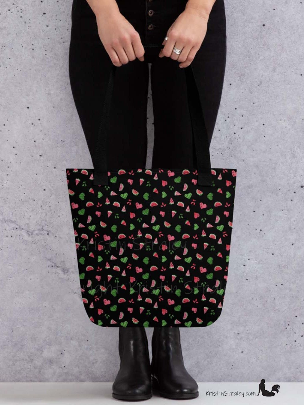 Tossed Watermelons and Hearts on Black Reusable Tote Bag product image (7)