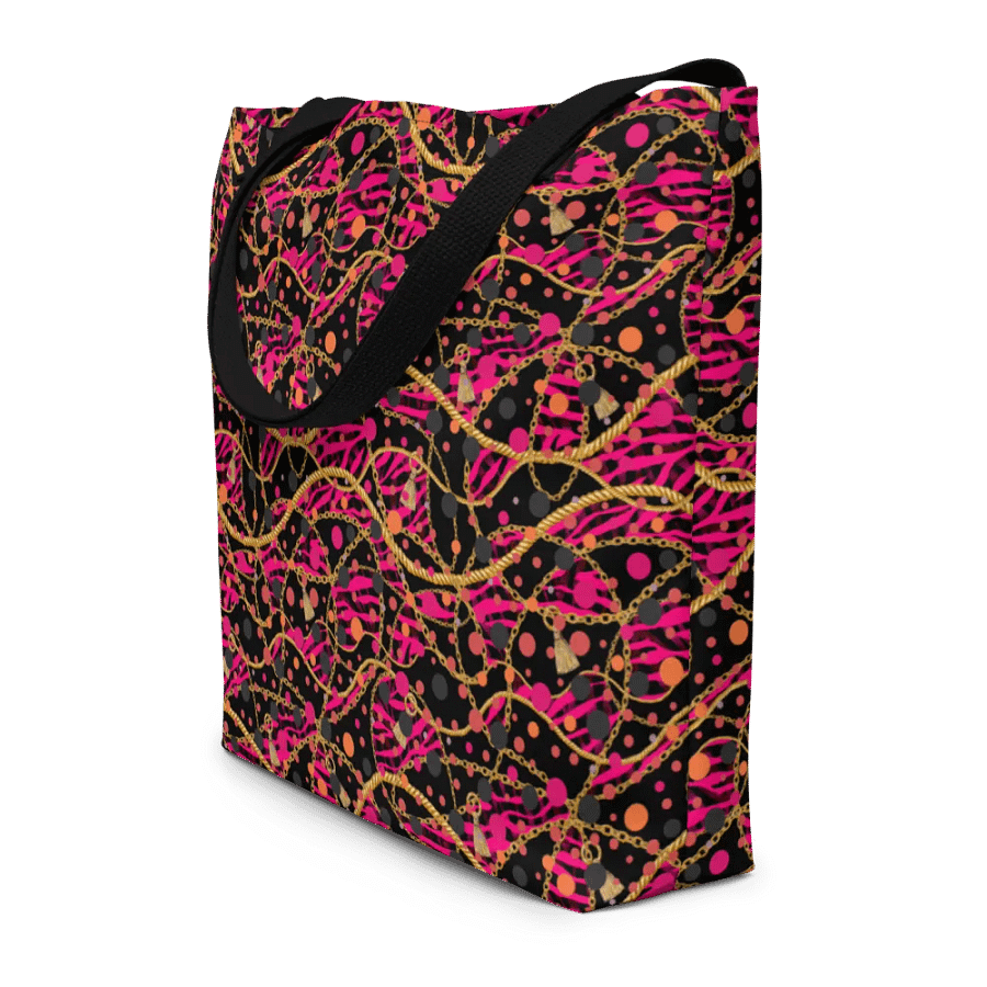 Big printed tote bag with pocket bright reds/pink  gold design product image (8)