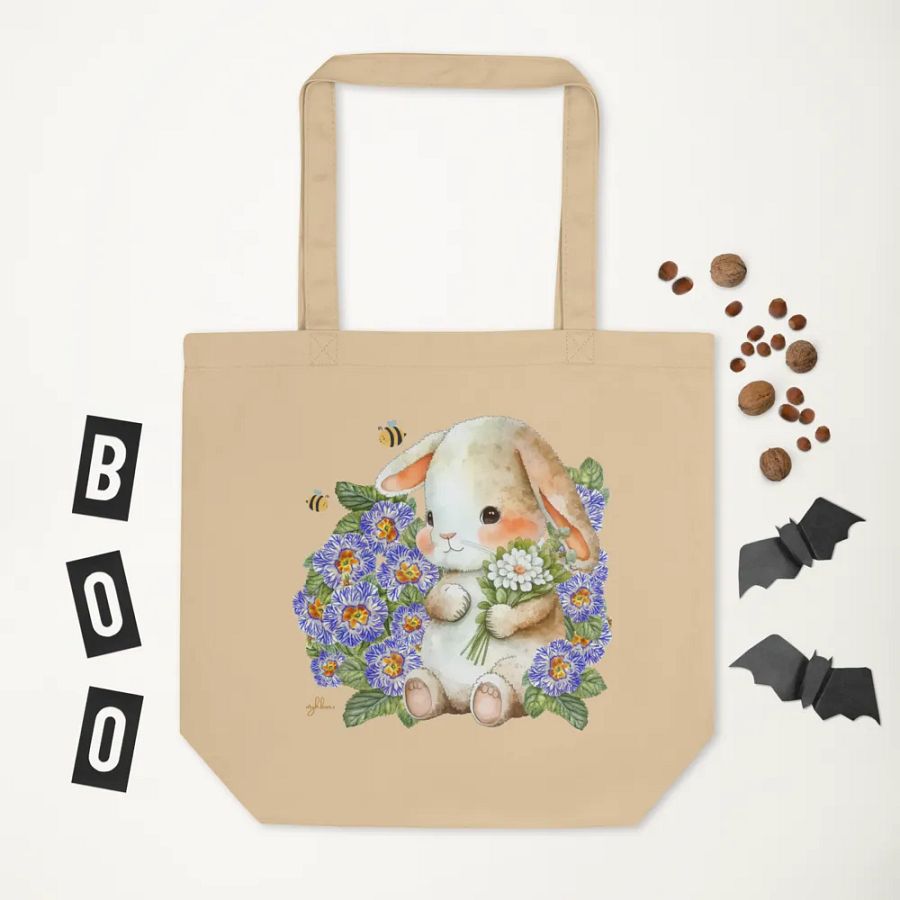 Garden Whispers: Bunny and the Primula Zebra Blues Organic Cotton Tote Bag - Eco-Friendly, Durable, Stylish product image (19)
