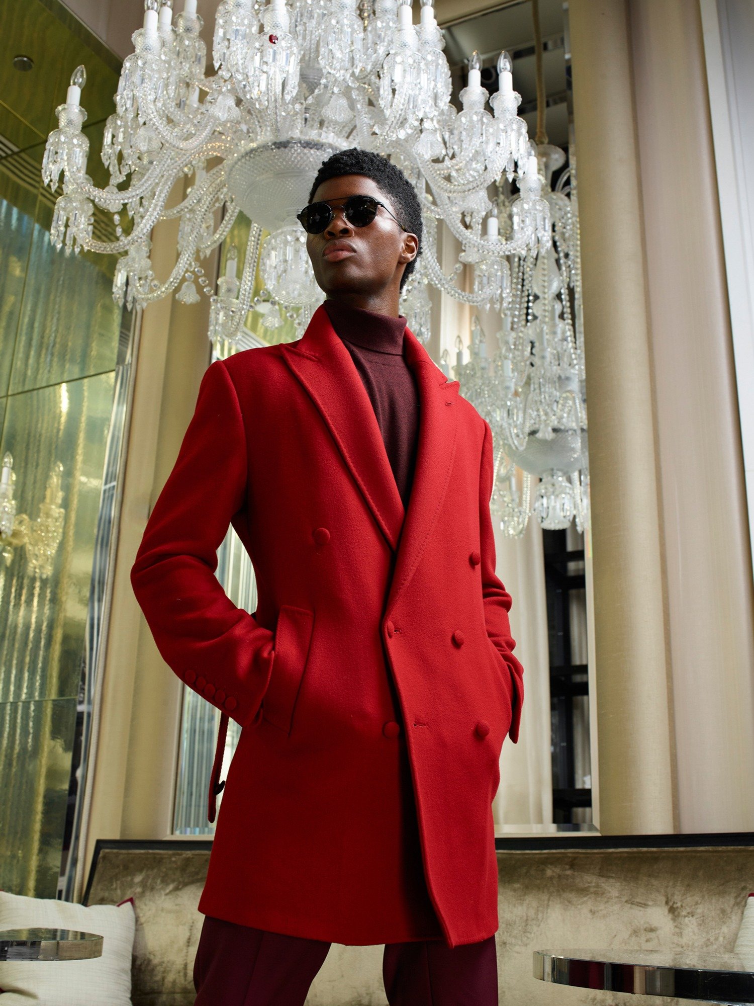 MEN'S DOUBLE FACED BURGUNDY & CRIMSON RED 100% CASHMERE DOUBLE BREASTED OVERCOAT product image (4)