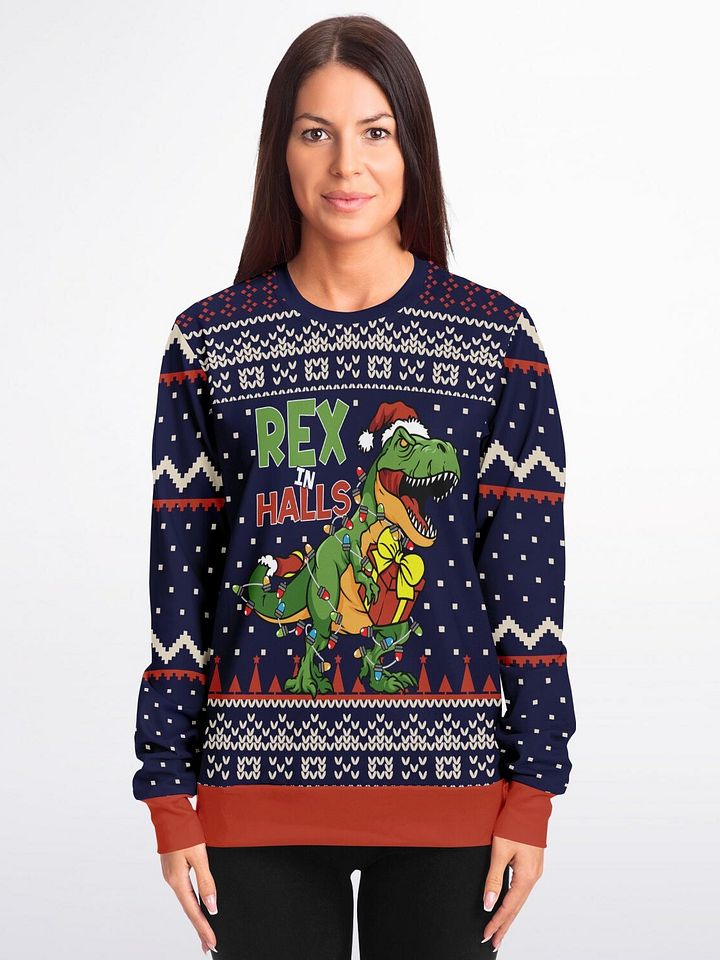 “Rex in the Halls” Festive Dinosaur Christmas Sweatshirt| Funny Holiday Jumper | T-Rex Santa Holiday Party Outfit | Unisex Dino Xmas Gift product image (1)
