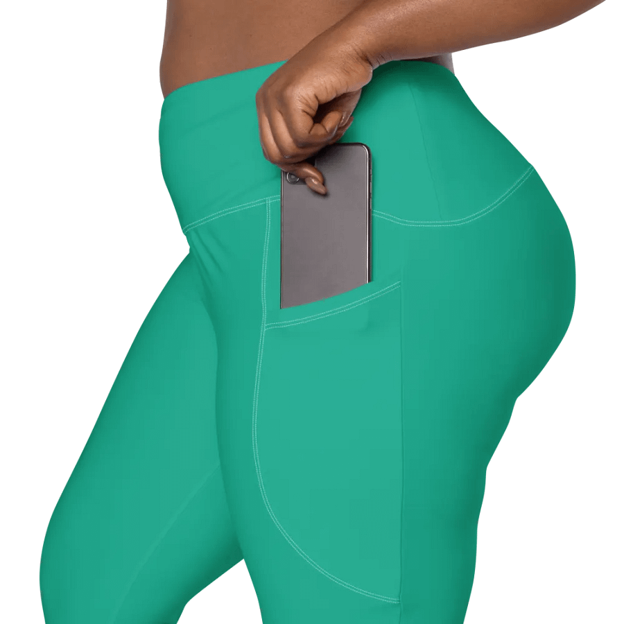 Plain Medium Sea Green Light Summer Women's High Waisted Premium Crossover Leggings with Pockets by Treasure Pie product image (9)
