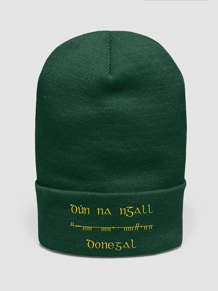 Donegal/Dún na nGall, Scholastic Ogham, Green with Gold, embroidered cuffed Beanie product image (1)
