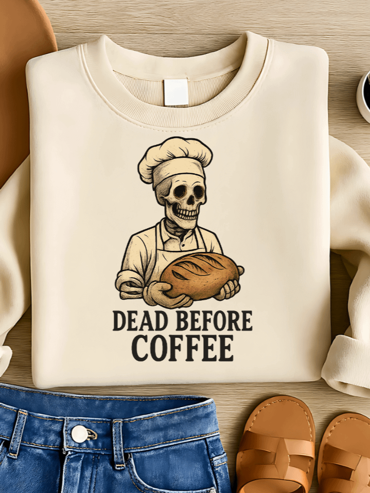 Dead Before Coffee Sublimation PNG – Funny Skeleton Clipart for T-Shirts – Halloween Baker Theme – 300 DPI Instant Digital Download product image (1)