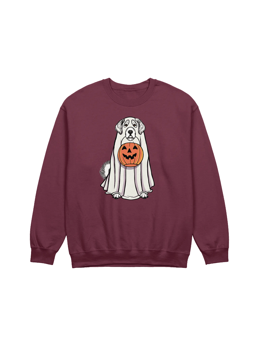 Funny Halloween Great Pyrenees Sweatshirt | Funny Pyr Wearing a Ghost Costume and Holding a Pumpkin Basket product image (12)