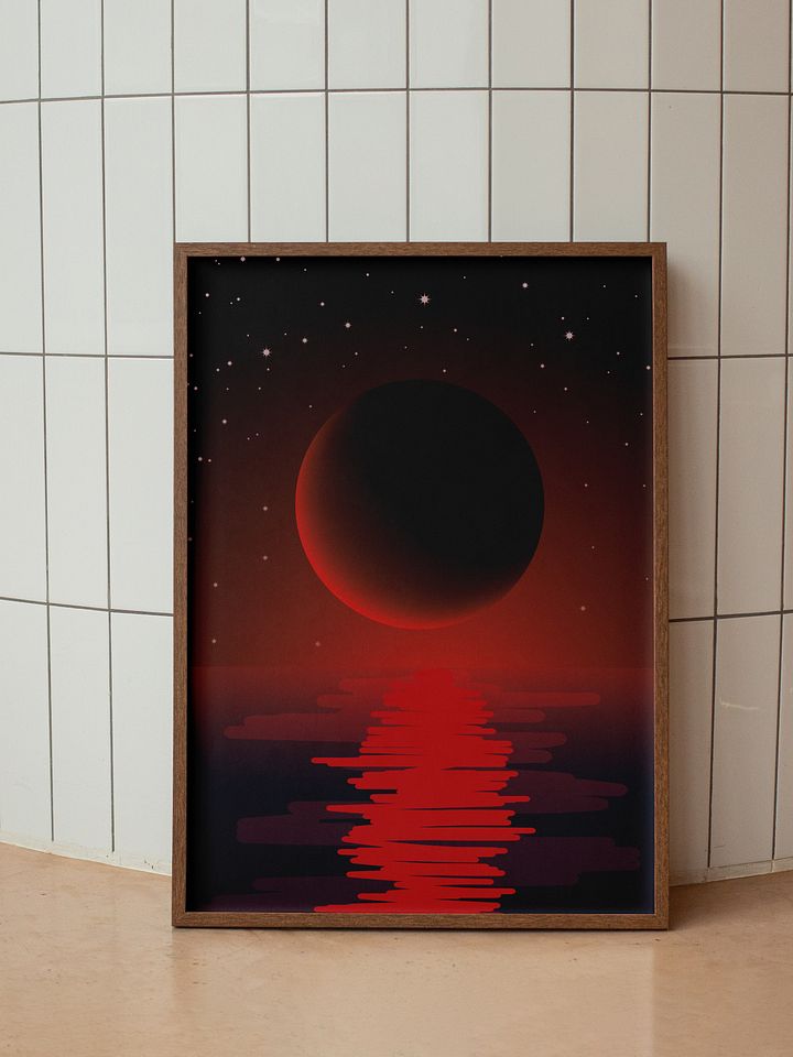 Scarlet Sea Serenade : Enchanting Nightscape Art Print with Bloody Moon Glow – Perfect for Dreamy Decor Lovers product image (1)