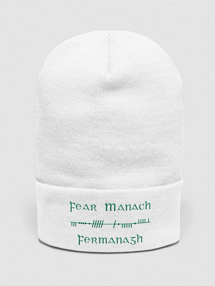 Fermanagh/Fear Manach, White with Green, Scholastic Style Ogham embroidered Cuffed Beanie product image (1)