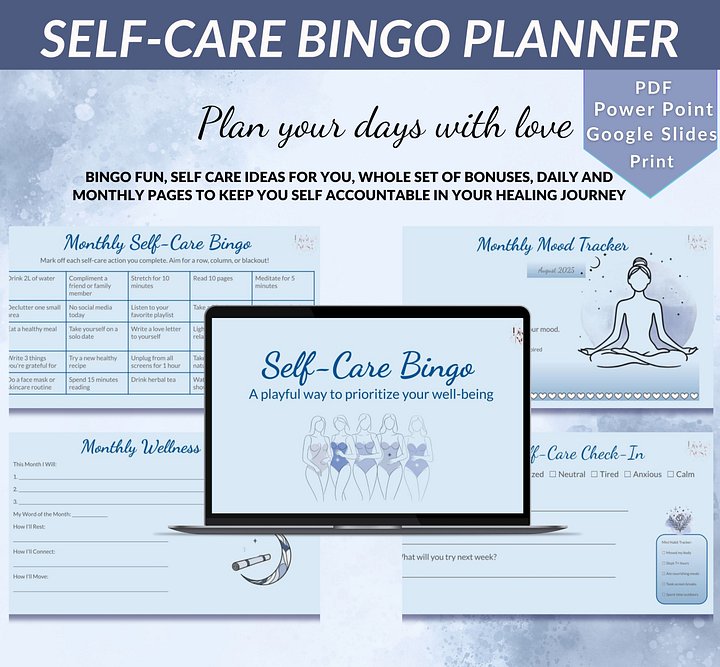 Self-Care Bingo Planner – Digital & Printable | Gentle Wellness Tracker | Self care love mindfulness journal | Slow living Diary | Relaxing product image (1)