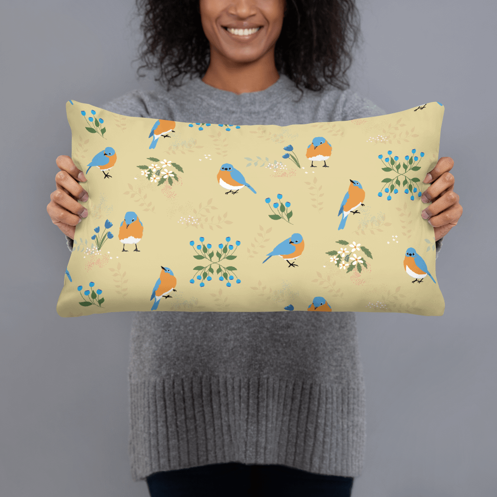“Best of Both Worlds” Bluebirds & Flowers Pillow in Tan product image (1)