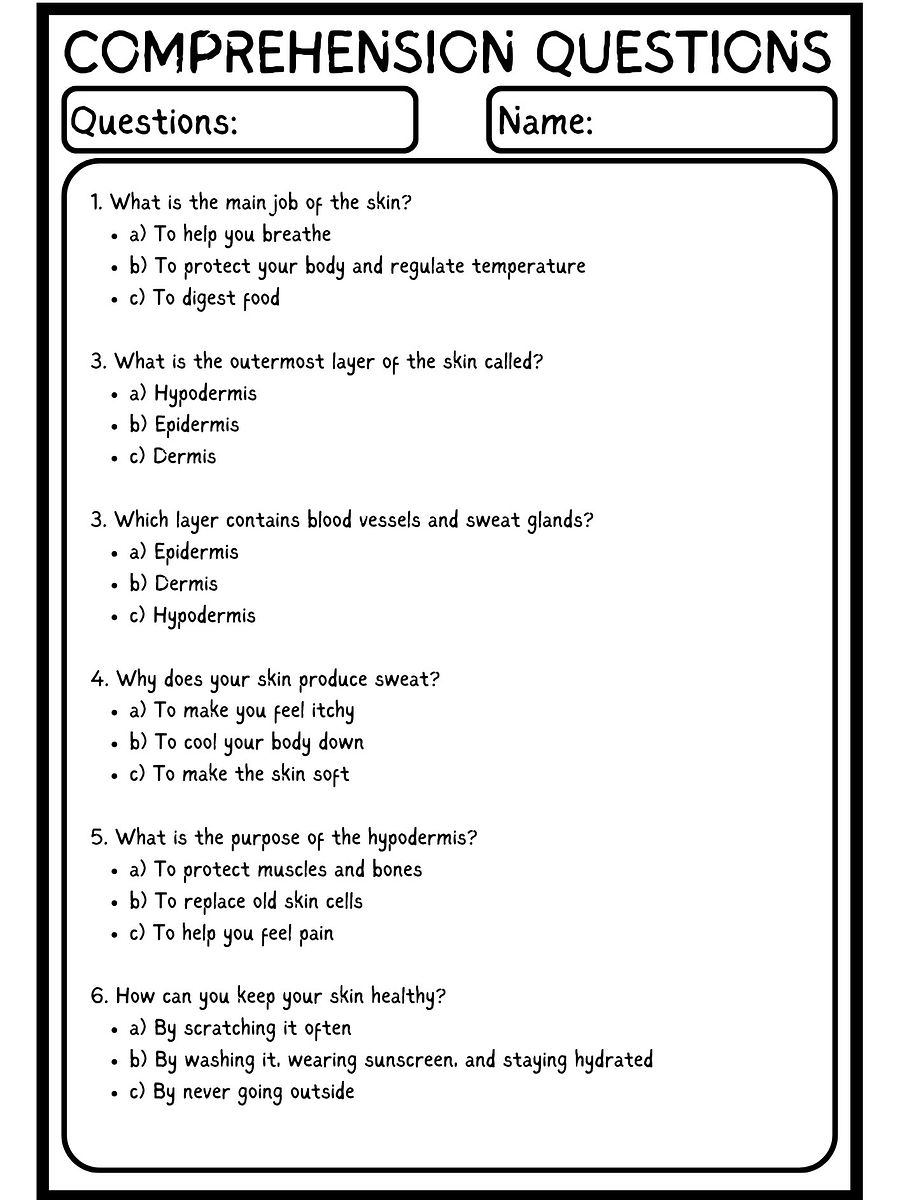 reading comprehension about the skin for grade 5 product image (3)