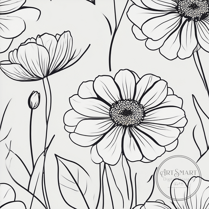Seamless Pattern - Sketched Daisies in Black and White product image (1)