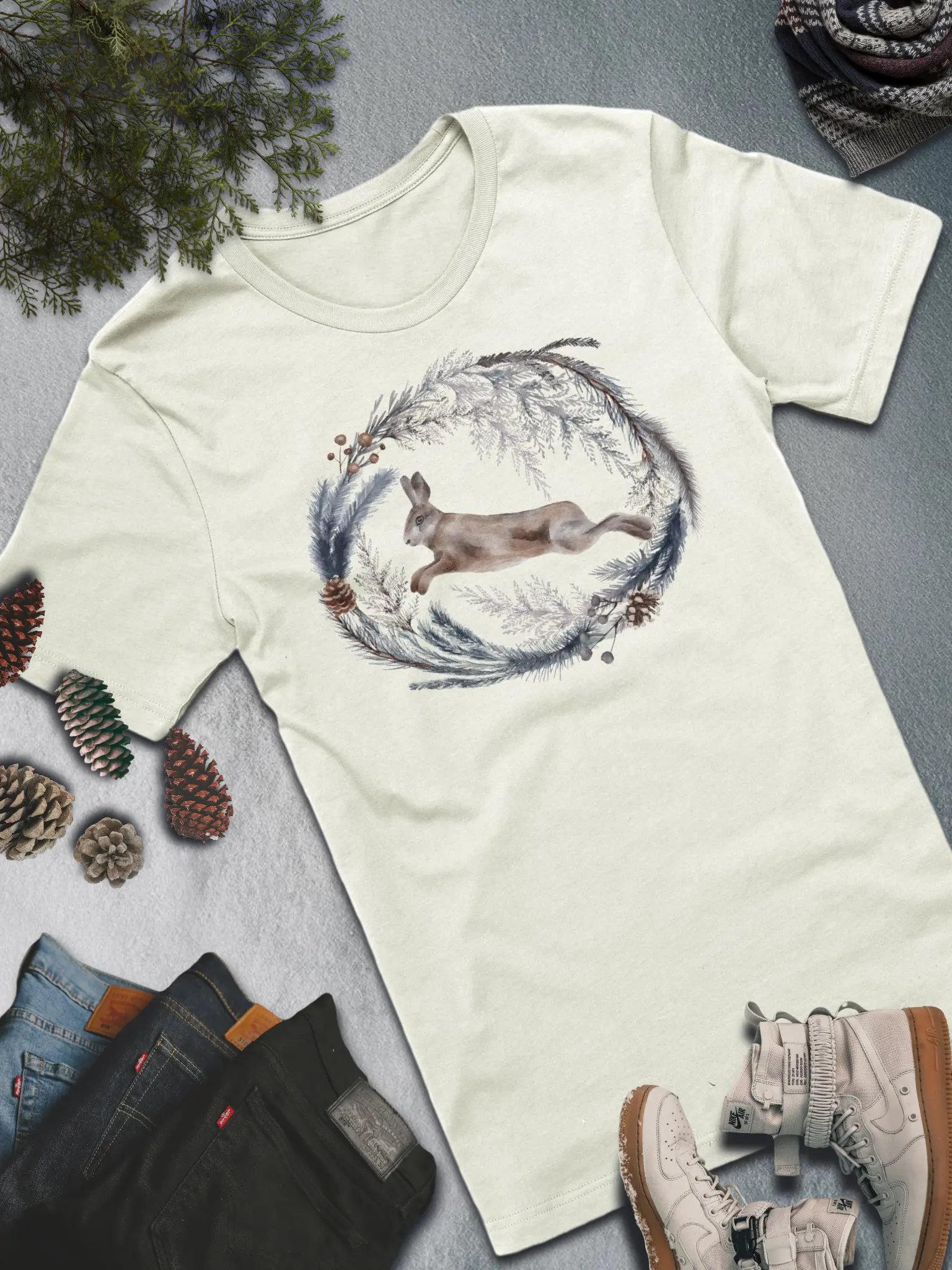 Leaping Winter Rabbit T-Shirt – Nature-Inspired Elegance product image (2)