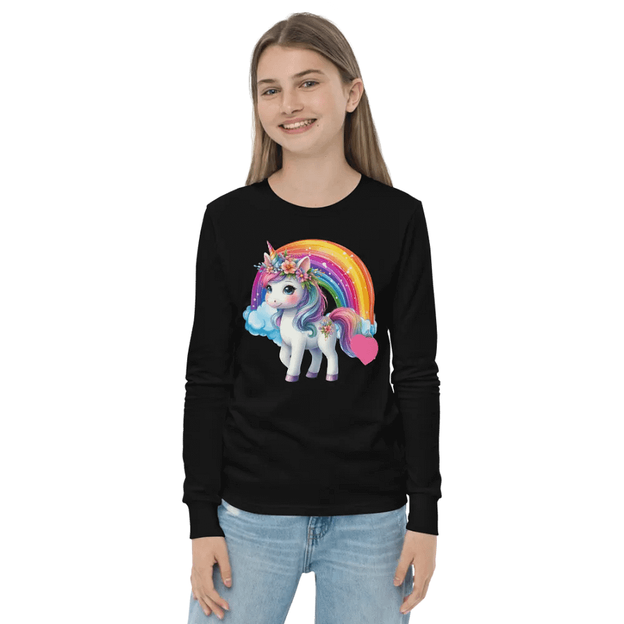 Floral Unicorn with Rainbow Black Long Sleeve Front and Back product image (3)