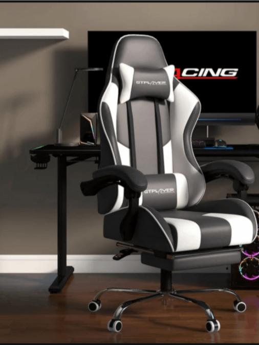 GTPLAYER #1USA Multi-Functional Ergonomic Gaming & Computer Chair – Massage Cushion, Premium PU Leather, Adjustable Neck & Lumbar Pillow for Back Support, Footrest (White) product image (1)